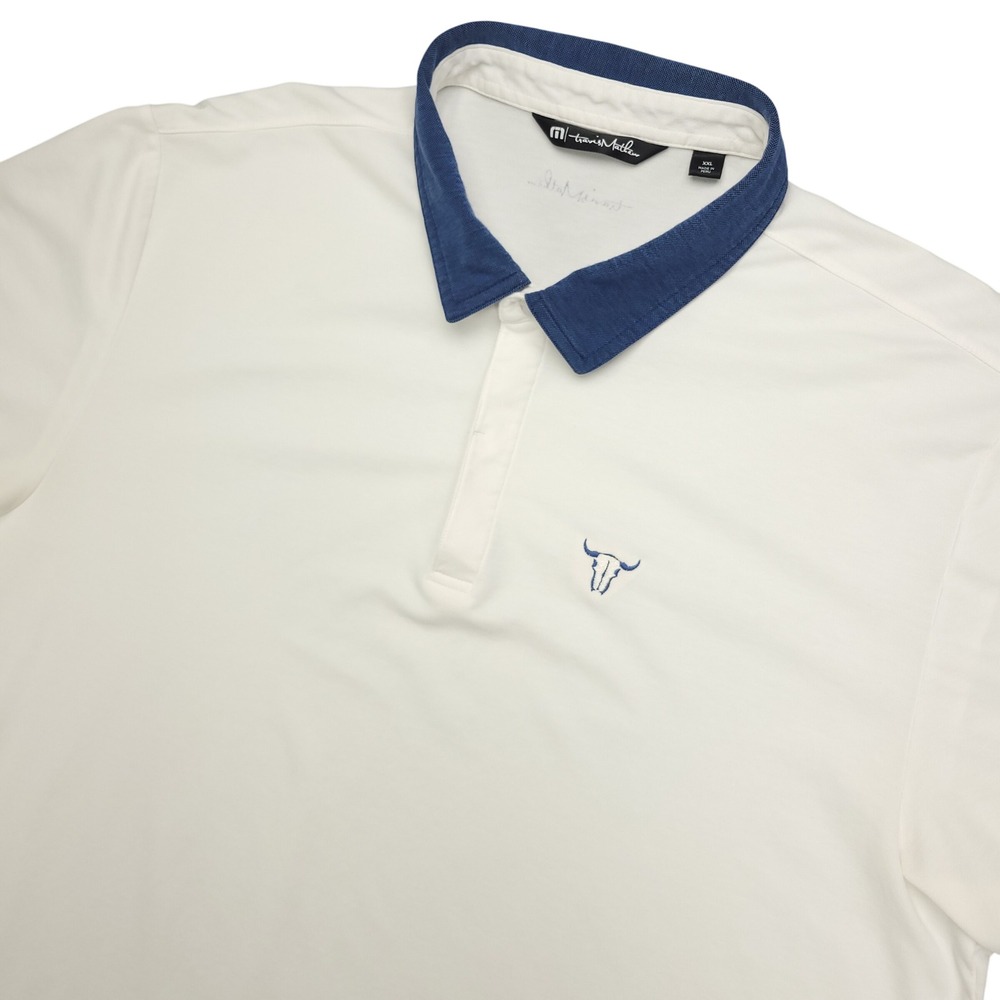Travis Mathew Mens Polo Golf Shirt White Blue Short Sleeve XXL Bull Logo